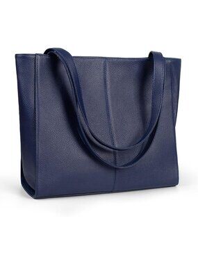 Women Navy Blue  Leather Shoulder Satchel Laptop Compartment Bag